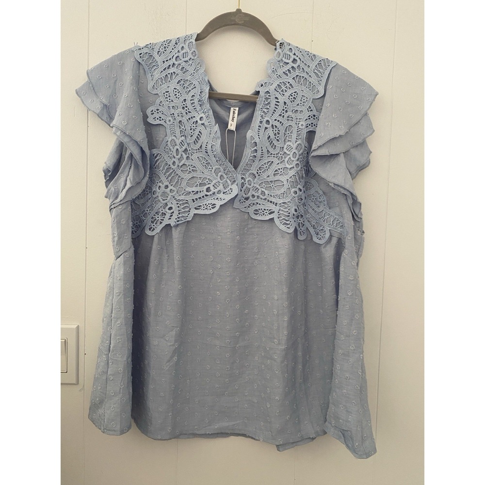 Falechay Swiss Dot Lace Crochet Boho Blouse Light Blue NWT XXL Flutter Sleeve